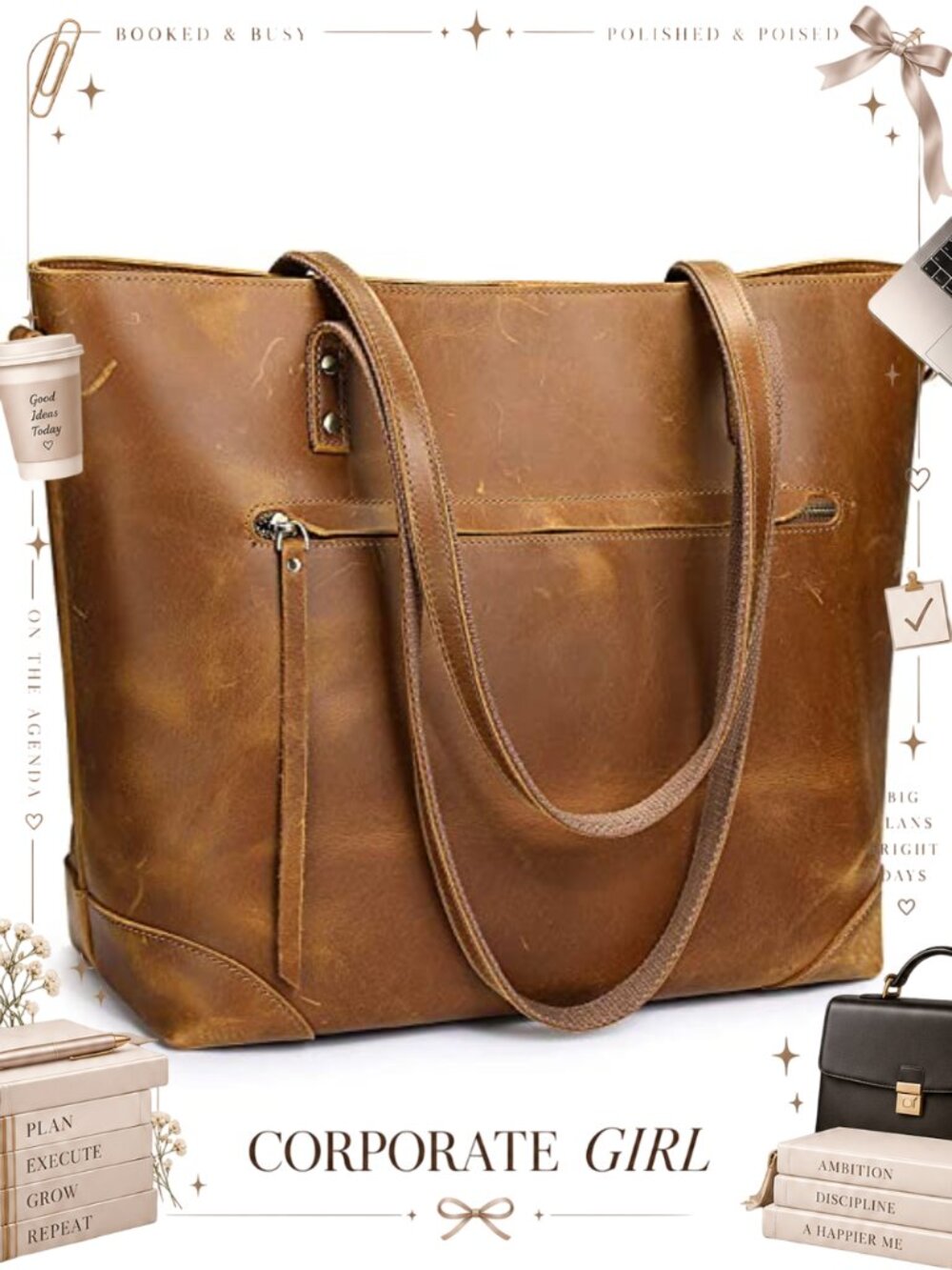 Genuine Leather Shoulder Bag Work Tote Handbag with Detachable Strap
